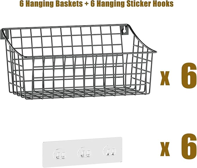 Sonyabecca 6 Pack Hanging Wall Basket for Organizing, Large Wire Basket for Storage Pantry with 5 S Hook+6 Adhesive Hook, Wall Mounted Shelf for Kitchen Bathroom