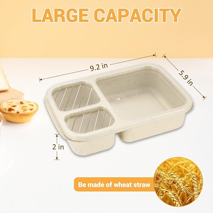 4 Pack Bento Box for Adults, 3-Compartment Wheat Straw Food Storage Containers, Meal Prep Lunch Box Microwave and Dishwasher Safe, Suitable for Office and Outdoor