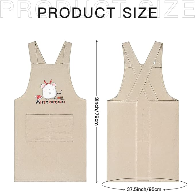 Cotton Linen Apron Non-tie Cross Back Kitchen Apron with Pockets Soft Comfortable Durable for Cooking Baking Gardening (Khaki)