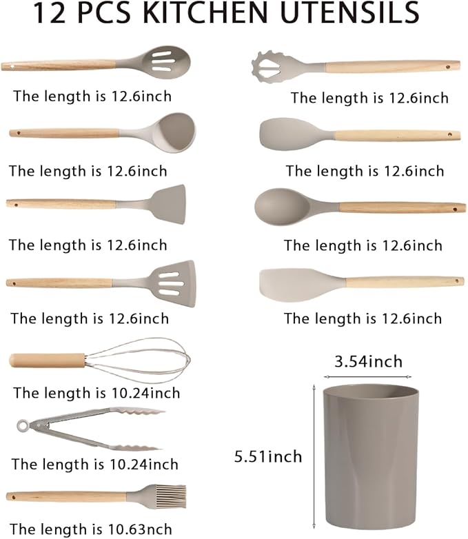 Silicone Cooking Utensil Set,12 PCS Cooking Cookware Kitchen Utensils Set, Nonstick 446°F Heat-Resistant Cookware Kitchen Tools of Spatula,Turner Tongs,Spoon,Brush,Whisk,(khaki)