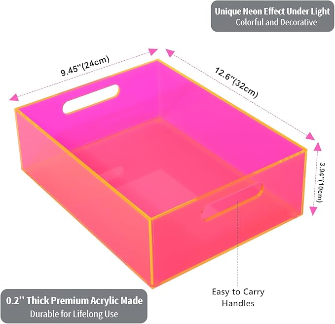 Acrylic Storage Bin Pantry Storage Container with Handles Kitchen Organizer Bin for Cabinet Cupboard Organization, Heavy Duty, 12.6 x 9.4 x 4'', Neon Pink