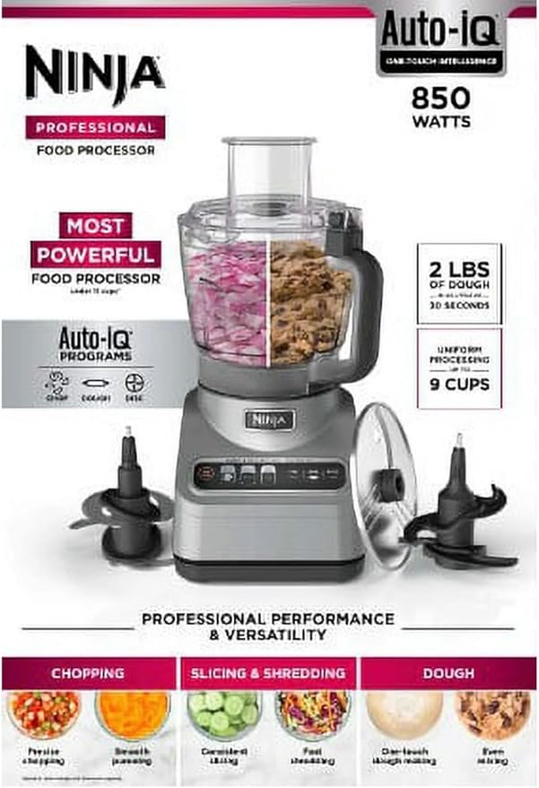 Ninja Professional Food Processor, 850 Watt motor, 9-Cup Capacity, 3 Auto iQ Preset Programs, Powerful dough mixer, Gray (BN600)