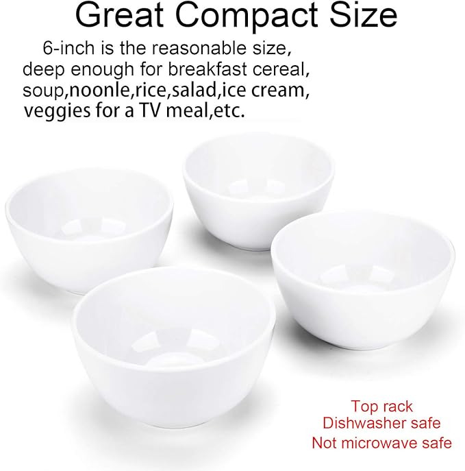 KX-WARE Melamine Bowls set - 28oz 6inch 100% Melamine Cereal/Soup/Salad Bowls, Set of 6 White | Shatter-Proof and Chip-Resistant Dishwasher Safe, BPA Free