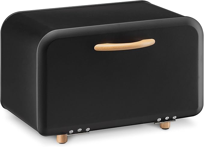Navaris Bread Box - Metal Bread Bin Storage Tin with Front Opening Drop Down Door for Kitchen Counter or Shelf - Breadbox Storage Container - Black