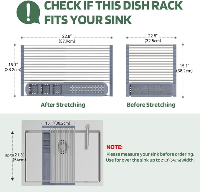 BBXTYLY Stainless Steel Extra Large Gray Drying Rack, Over The Sink, Expandable Roll Up Kitchen Drainer, Includes Removable Utensil Holder (13.6''-25.1'')