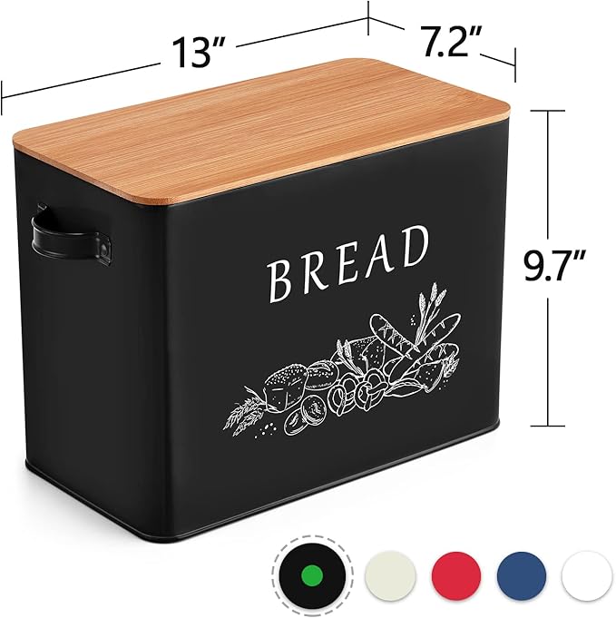 P&P CHEF Bread Box for Kitchen Counter, Metal Bread Storage Bin with Wooden Cutting Lid, Large Capacity for Holding 2+ Loaves, Retro Modern Style, Size 13” x 7.2” x 9.7”, Black