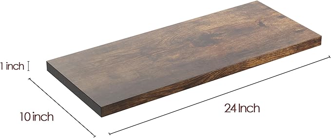 Wall Shelf Set of 3, Rustic Brown Floating Shelves 24 in W x 10 in D x 1 in H, Wooden Floating Wall Shelf with Invisible Brackets for Living Room/Bedroom/Bathroom/Kitchen Storage and Decor