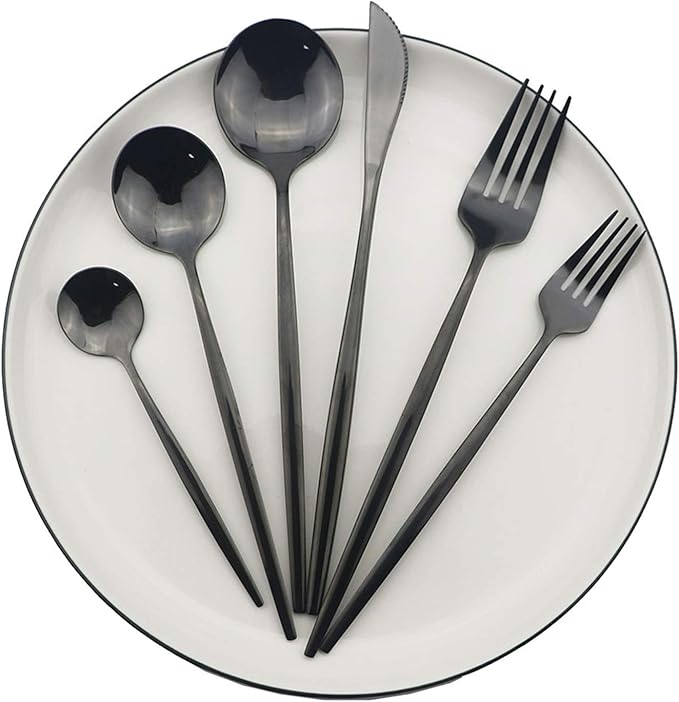 JASHII Silverware Set, Mirror Polished Black Flatware Cutlery Set Service for 6, Shiny Finish 36 Pieces Stainless Steel Utensils Set Dinner Knife Fork Spoon Dessert Fork Salad Spoon Dishwasher Safe