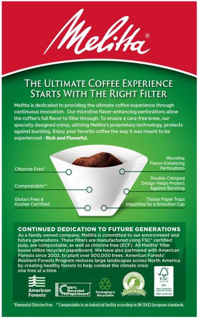 Melitta #4 Cone Coffee Filters, White, 100 Count (Pack Of 6), 600 Total Filters - Fits all 8-12 Cup Cone Coffee Makers and Pour-Overs, Compostable, Tear-Resistant, Made in USA