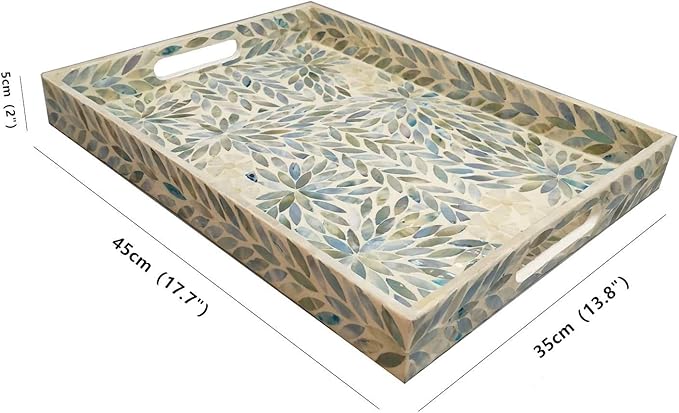 I-LAN Creative Rectangular Mother of Pearl Shell Severing Tray Lacquer Wooden Decorative Tray Handmade Shell Serving Tray with Handles and 2 Inch Wall, 18”Large Green Inlay Nacre Ottoman Tray (45cm)