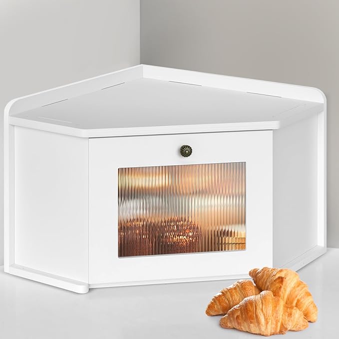 Corner Bread Box for Kitchen Countertop, Wooden Bread Storage for Homemade Bread, Rustic Breadbox with Acrylic Wavy Door, Bread Container for Kitchen Counter Cabinet, Pantry, Cupboard