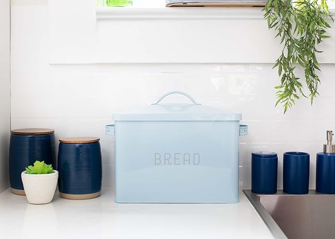 Nat & Jules Extra Large Blue 15 x 10 Metal Farmhouse Bread Box - Holds Two Full Loaves
