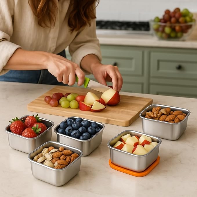 8 Pack Stainless Steel Small Storage Containers with Silicone Lids, 6oz Reusable Mini Portion Cups, Leak-Resistant Metal Containers for Snacks, Sauce, Meal Prep & On-the-Go