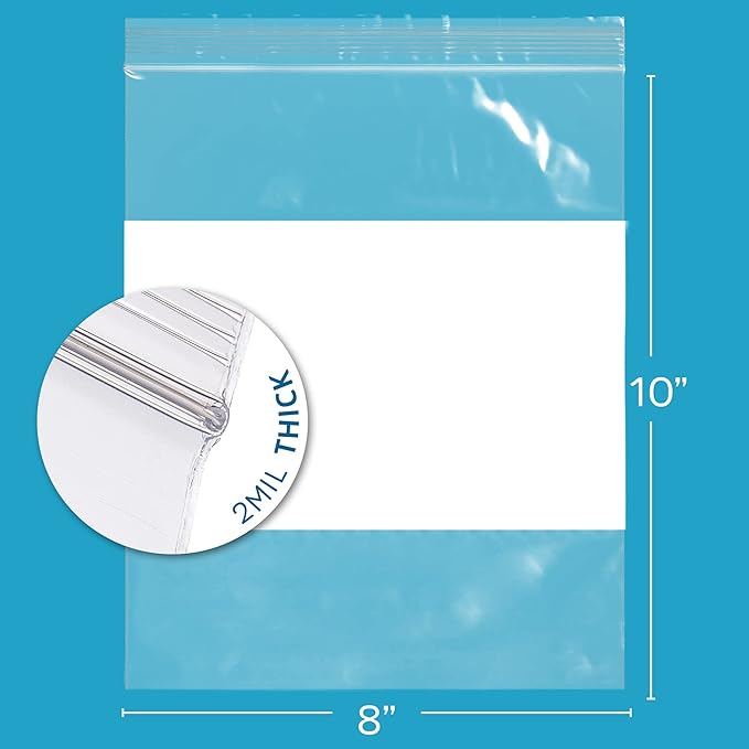 200 Count, 8" x 10" 1/2 Gallon Zip Bags, 2 Mil Thick Clear Plastic Reclosable Zipper Lock Bags with Write-on White Block, with Resealable Zip Top Lock for Food Storage, Sandwiches & Office Supplies