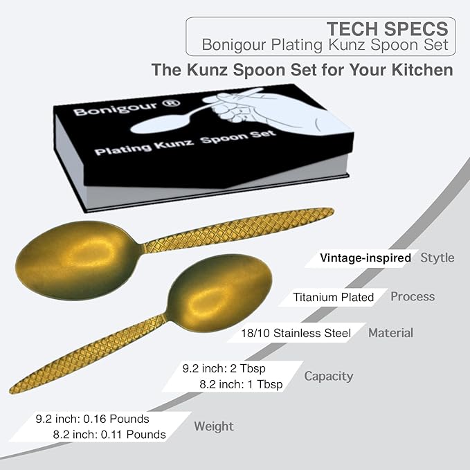 Chef Kunz Spoons - Professional Set for Basting, Plating, Quenelle, Serving, Sauces| Vintage-inspired 8" & 9" Chef Spoon Set| Culinary Plating Tools with Non-Slip Grip (Gold)