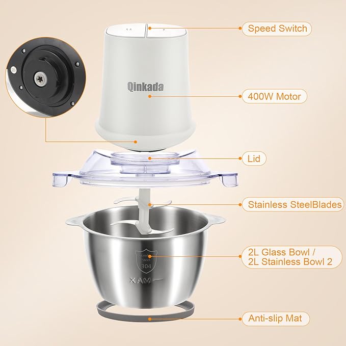 Food Processors with 2 Bowls, 400W Meat Grinder, Food Chopper Electric, 2 Speed, 8Cup Glass and 8Cup 304 Stainless Steel, 2 Blades, Spatula (White)