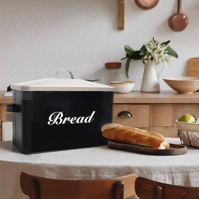 SOTECH Vintage Metal Bread Box Farmhouse Decor Style Pantry Organization and Storage Container,Space Saving Black with Silver Breadbox-Rustic Kitchen Decor