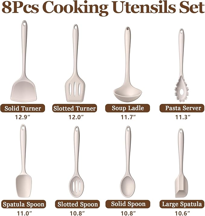 LIANYU 8Pcs Kitchen Cooking Utensils Set, Silicone Cooking Utensil Set, Heat Resistant Kitchen Tools for Nonstick Cookware, Includes Silicone Spatula, Spoon, Ladle, Turner, Dishwasher Safe, Khaki