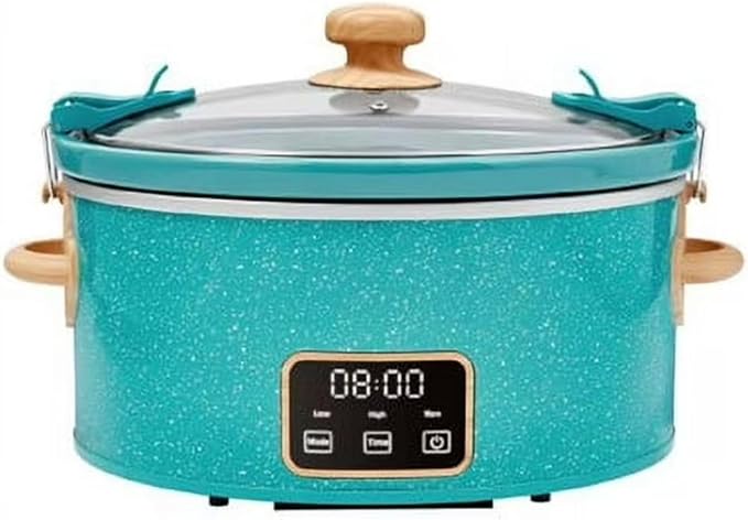 Pioneer Woman 6-Quart Digital Slow Cooker with Locking Lid, Teal Speckle – Programmable Family-Size Crock Pot