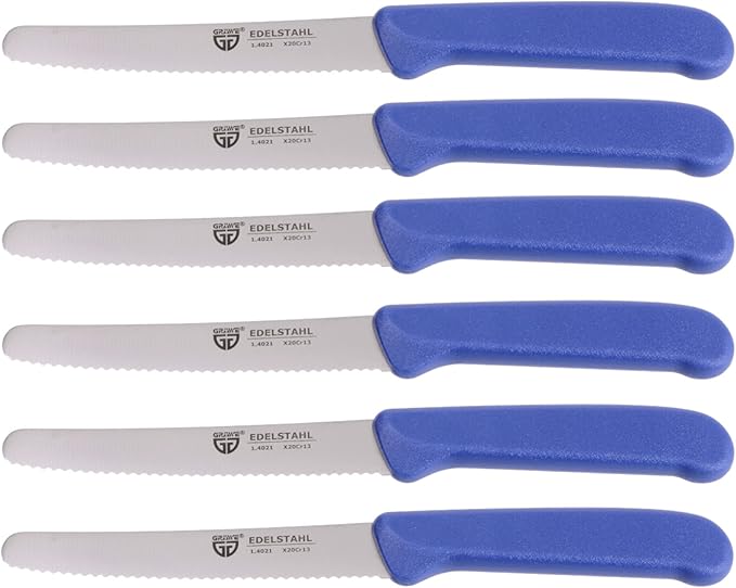 GRÄWE table knife 6 pieces, set for cutting, pack of 6 bread knives, for breakfast with serrated edge on one side, length 8.3 inch - handle color blue