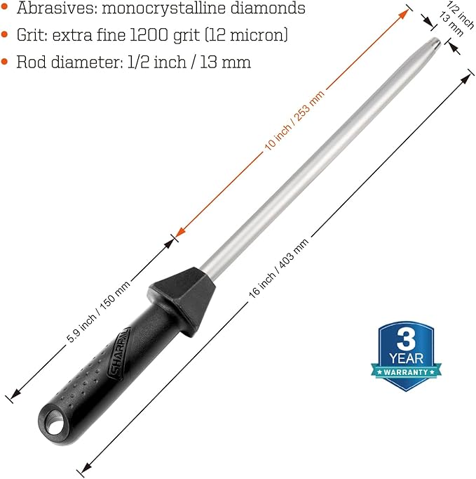 SHARPAL 119N Diamond Sharpening Steel – Professional Solid Knife Sharpener Honing Rod with Built-In Angle Guides, Sharpens, Realigns, and Polishes Edges for Chef and Kitchen Knives