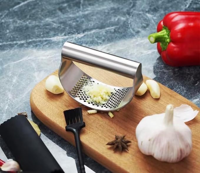 Angel's Peel Lounge Stainless Steel Garlic Press Rocker Set with Silicone Garlic Peeler & Cleaning Brush – Garlic Chopper, Mincer, Grater, Crusher (Stainless steel)