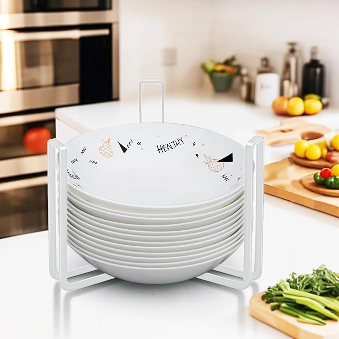 Dinnerware Bowl Plate Holder Fit for 6.5 Inches Diameters Bowl, Metal Bowl Storage Dying Display Rack for Kitchen Drawer, Countertop, Cabinet, Shelf, Cupboard (White, Small 2PCS+Large 2PCS)
