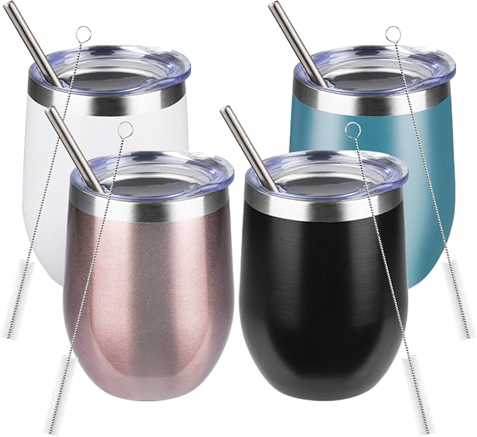 12oz/4Pack Stainless Steel Wine Tumbler with Lids, Double Wall Vacuum Stainless Steel Travel Tumbler,Insulated Wine GlassesTravel Tumbler for Cold & Hot Drinks,Cup for Champaign Coffee (Dark color )