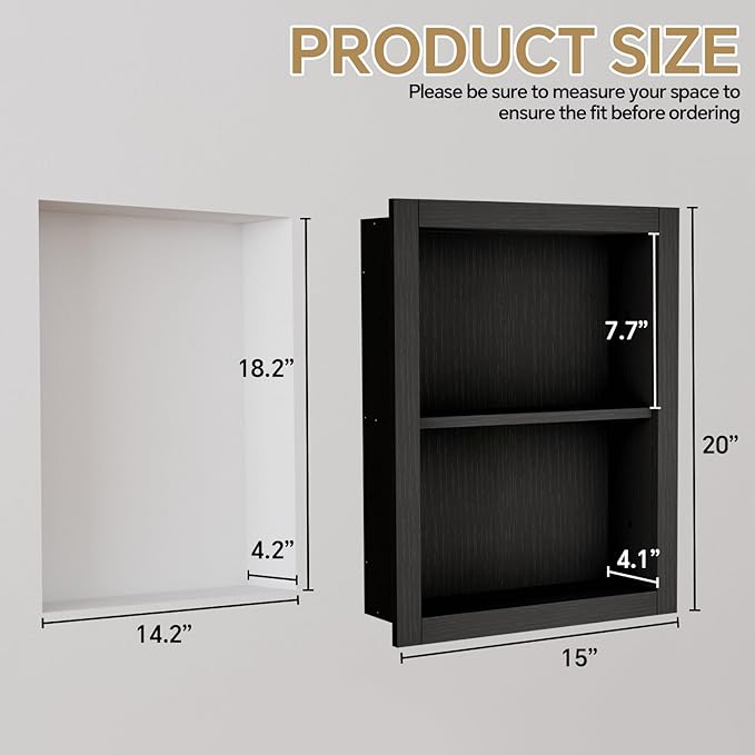 14'' * 18'' Recessed Medicine Cabinet Wall Niche Wood, 2-Tier Bathroom Niche Insert for Drywall, in Wall Shelf Medicine Cabinets Replacement, for Living Room, Bathroom Storage, Black