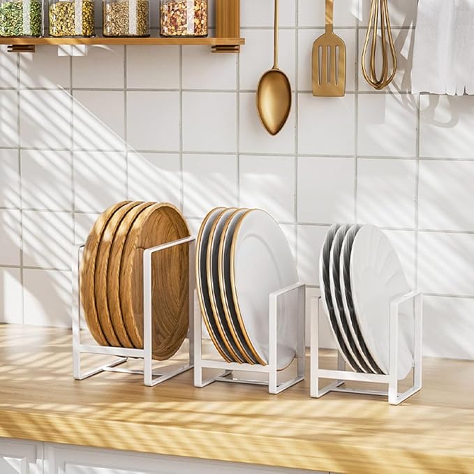 Dinnerware Bowl Plate Holder Fit for 6.5 Inches Diameters Bowl, Metal Bowl Storage Dying Display Rack for Kitchen Drawer, Countertop, Cabinet, Shelf, Cupboard (White, 2L Bowl rack+ 2L Disc rack)