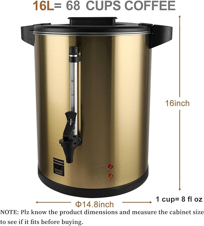 Commercial Coffee Urn, 16L Double Wall Stainless Steel, Large Coffee Maker Percolator with Keep Warm Mode, Electric Hot Water Urn Dispenserfor Parties Office Catering Events
