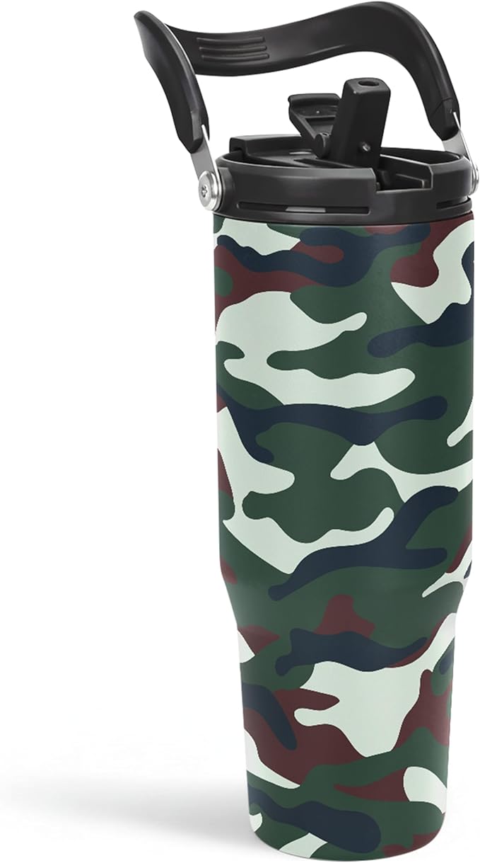 SANDJEST Camo Tumbler with Handle 30oz - Camouflage Tumblers Stainless Steel Insulated Flip Straw Coffee Travel Cup, Gifts for Men Veteran Hunting Lover Sport Outdoor Workout