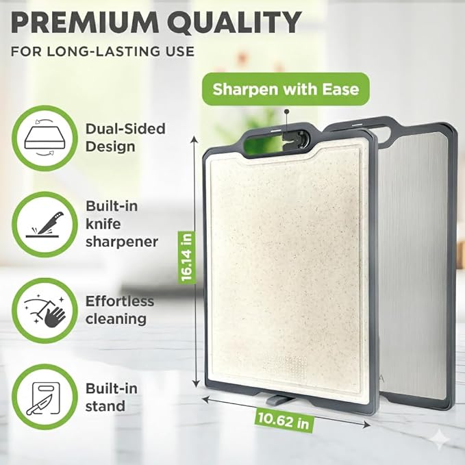 Double-Sided Titanium Cutting Board with Stand, Knife Sharpener, Grater & Storage Bag | Non-Toxic Titanium + Wheatstraw PP Chopping Board | Healthy Kitchen Accessory for Meat, Vegetables & Fruit
