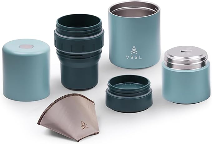 VSSL - Nest Pour Over Coffee Kit | Coffee Maker for Camping | All-In-One Travel Pour Over | Transportable Dripper, Two 10oz Stainless Steel Travel Mugs | Compact Storage & Adventure Ready | Everglade