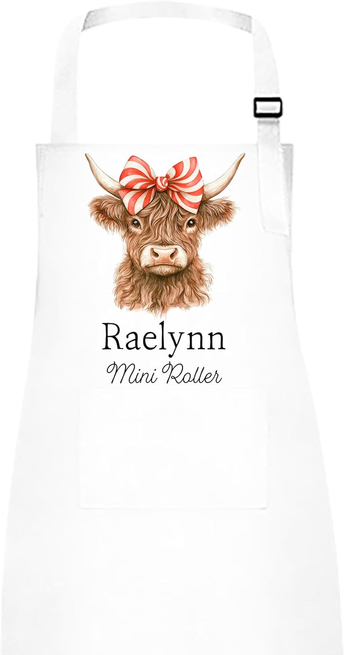 Mommy and Me Highland Cow with Peppermint Swirl Bow Apron Set – Matching Christmas Baking Aprons, Cow Kitchen Gift