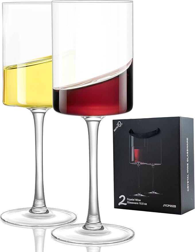 MICHLEY Square Crystal Wine Glasses Set of 2-15.5 oz large Long Stem Glassware Red/White Glasses Drinkware Perfect Gifts for Women, Wedding,Birthday Decorations