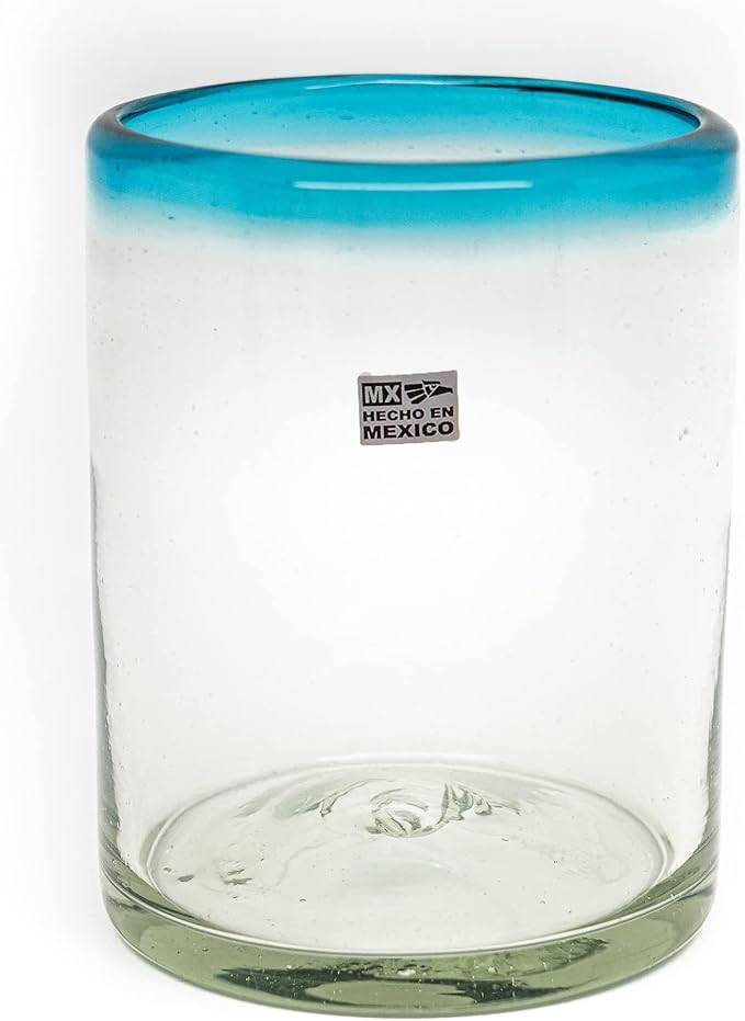 Set of 6 Hand-Blown Tumbler (10 oz) Glasses from Mexico with Aquamarina Rim - Rustic & Handcrafted Recycled Bubble Glass Drinking Glassware