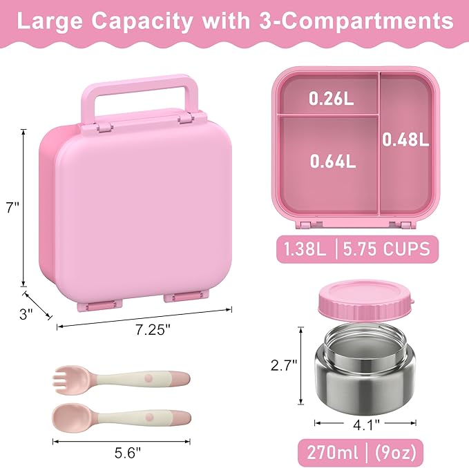 Bento Box for Kids with Soup Thermos(9oz)– Kid Bento Lunch Box with Leak Proof Insulated Food Jar, Hot & Cold Lunch Container Set for School Girls Boys, 4-Compartments, Dishwasher Safe, Pink