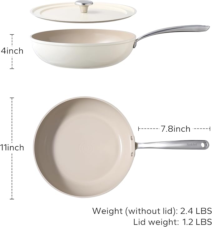 Redchef Ceramic Frying Pan with Lid, 11" Deep Saute Pan, 3.5QT Large Jumbo Cooker, Frying Pan Nonstick with Stay Cool Handle, Non Toxic Cooking Pan, Induction Dishwasher Safe, PFOA & PFAS Free(Beige)