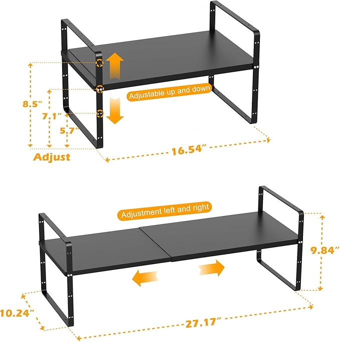 Slideep Expandable Counter Organizer Shelf, Stackable Cabinet Shelves Organizer Storage Rack Cupboard Stand Spice Rack for Kitchen Bathroom Pantry Black -2 Set