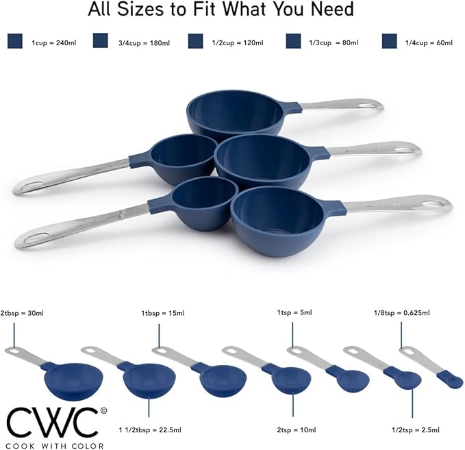 COOK WITH COLOR Measuring Cups Set and Measuring Spoon Set, Stainless Steel Handles, Nesting Kitchen Measuring Set, Liquid Measuring Cup Set, 12 PC Stainless Steel, Navy