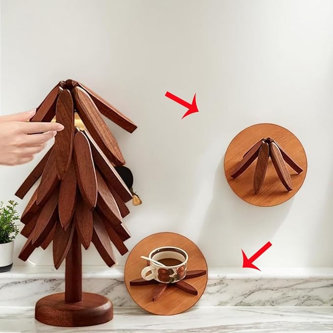 Foldable Walnut Wood Trivet Set for Hot Dishes,Tree Shape Coasters for Hot Pots And Pans, Natural Kitchen Decor With 4 Folding Pads and 1 Stand, Easy Storage