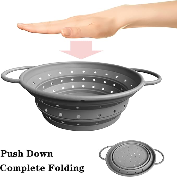 Silicone Collapsible Colander with Handle, Kitchen Colander for Easy Storage,Four-side Fast Draining Silicone Draining Basket, Perfect for Fruits Vegetables (Gray M)