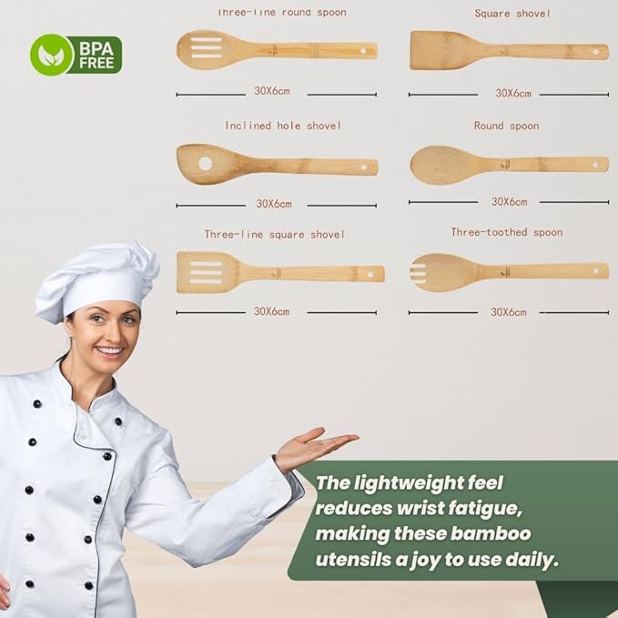 6 Piece kitchen utensils set - bamboo cooking utensils with comfort grip, including bamboo spoons, shovels & spatulas | wooden utensil set for non-stick pans, kitchen essentials