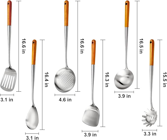 16.6 inch Stainless Steel Kitchen Utensils Set with Wood Handle, 6pcs Long Metal Cooking Utensils Set for Commercial Includes Wok Spatula, Ladle, Skimmer, Slotted Turner, Spoon(Large)