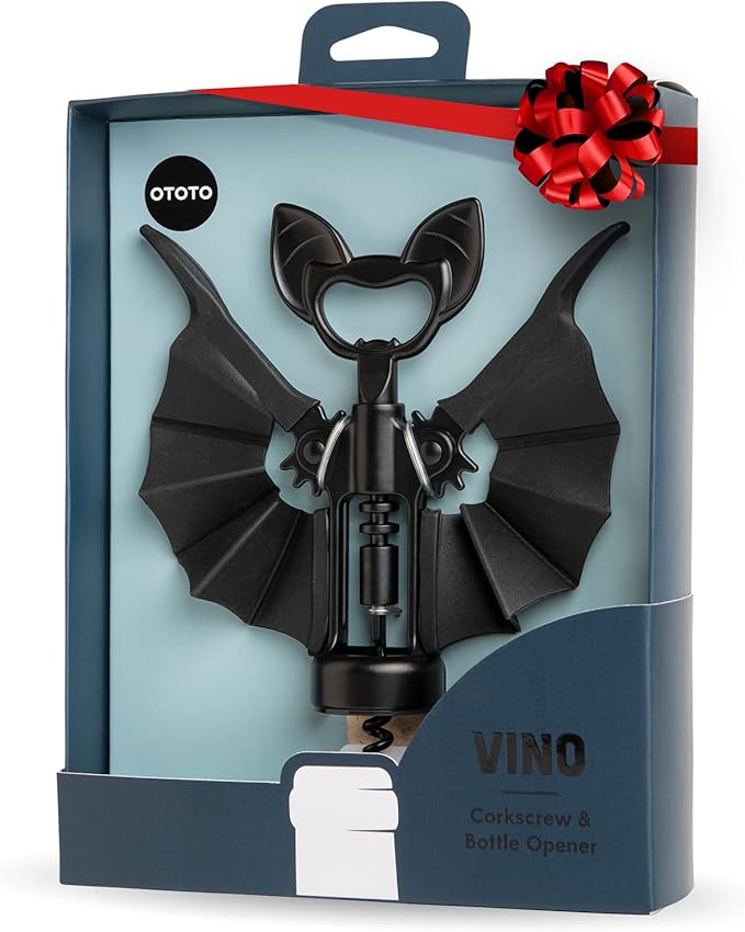 OTOTO Vino Spooky Bat 2-in-1 Wine & Beer Opener, Corkscrew & Bottle Opener - Goth Wine Accessories & Gifts for Wine Lovers