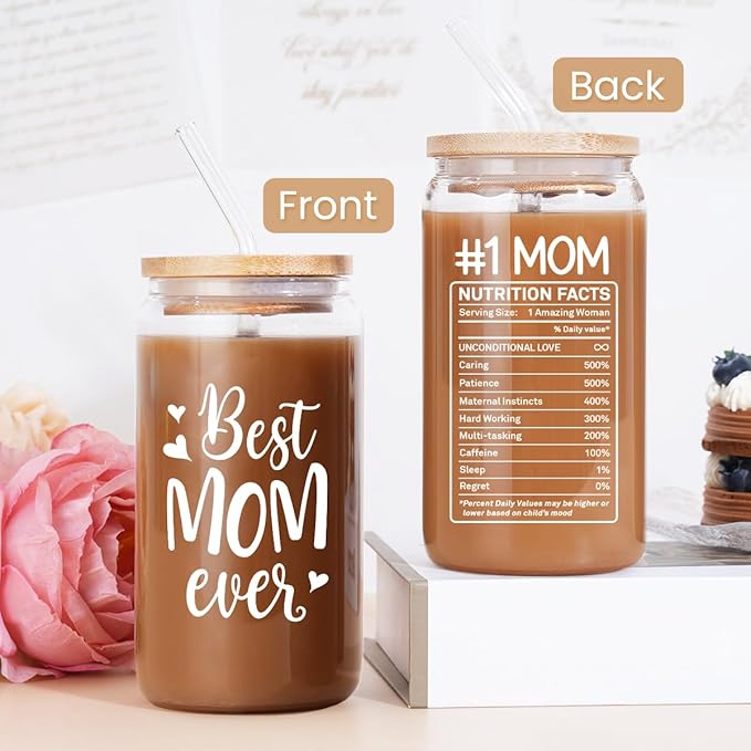 SANDJEST Gifts for Mom from Daughter Son - Mom 16 Oz Can Glass Coffee Cup with Bamboo Lid & Straw - Mothers Gift for Women on Birthday Mothers Day Valentines
