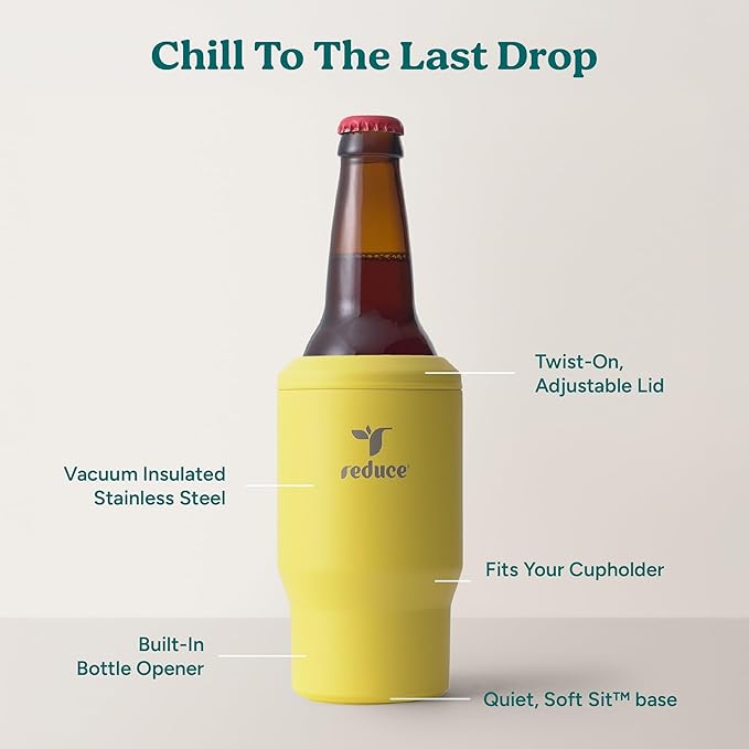 Reduce 4-in-1 Drink Cooler - Versatile Can & Bottle Holder with Vacuum Insulation - Keeps Drinks Cold Up to 4 Hours - Includes Bottle Opener - Fits Cupholders & Dishwasher Safe - 14oz - Pina Colada