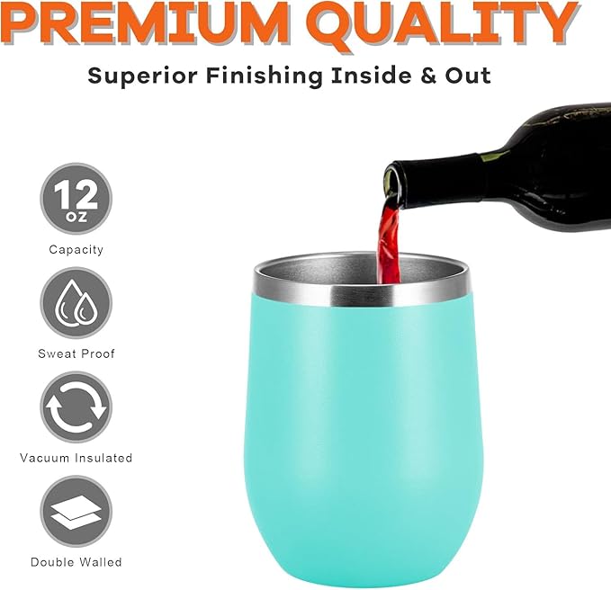 COMOOO 16 Pack Stainless Steel Wine Tumbler with Lid and Straw 12oz Double Wall Vacuum Insulated Travel Tumbler Cup for Hot and Cold Drinks, Coffee, Wine, Cocktails, Ice Cream Cup, Blue