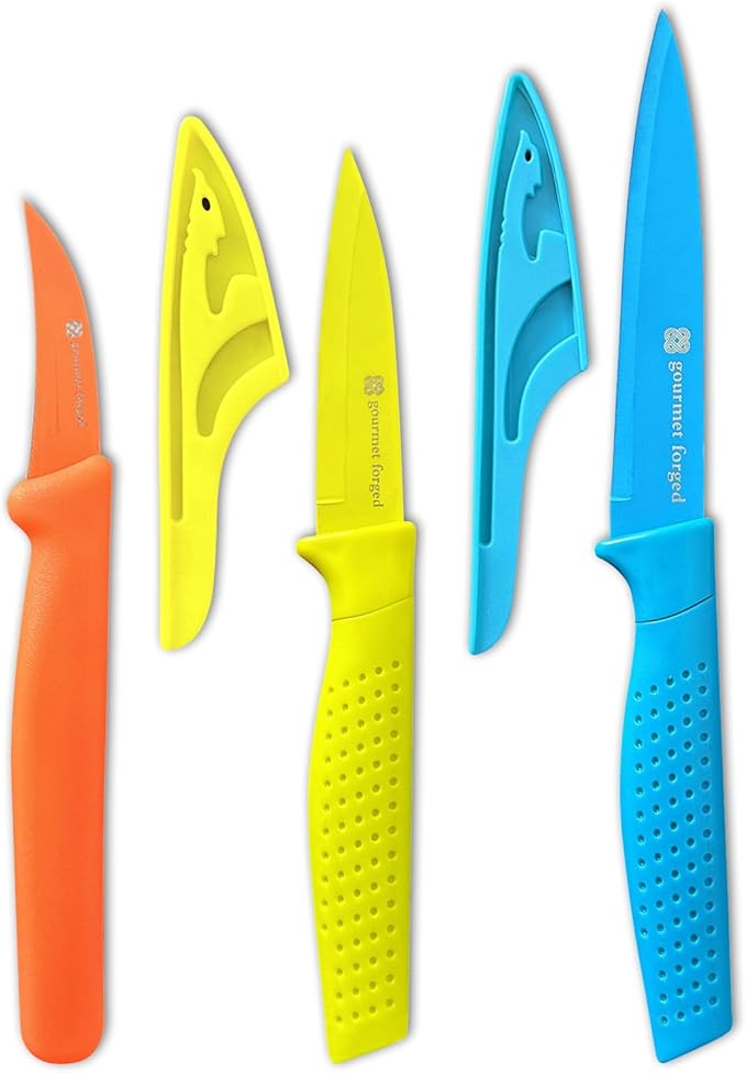 ColorSlice 3 PC Color-Coded Paring Knife Set. 5" Fruit Knife, 3.5" Paring, 3" Bird Beak Hook Peeler Curved Non Stick Dishwasher Safe Knives Sharp Stainless Steel Anti Rust